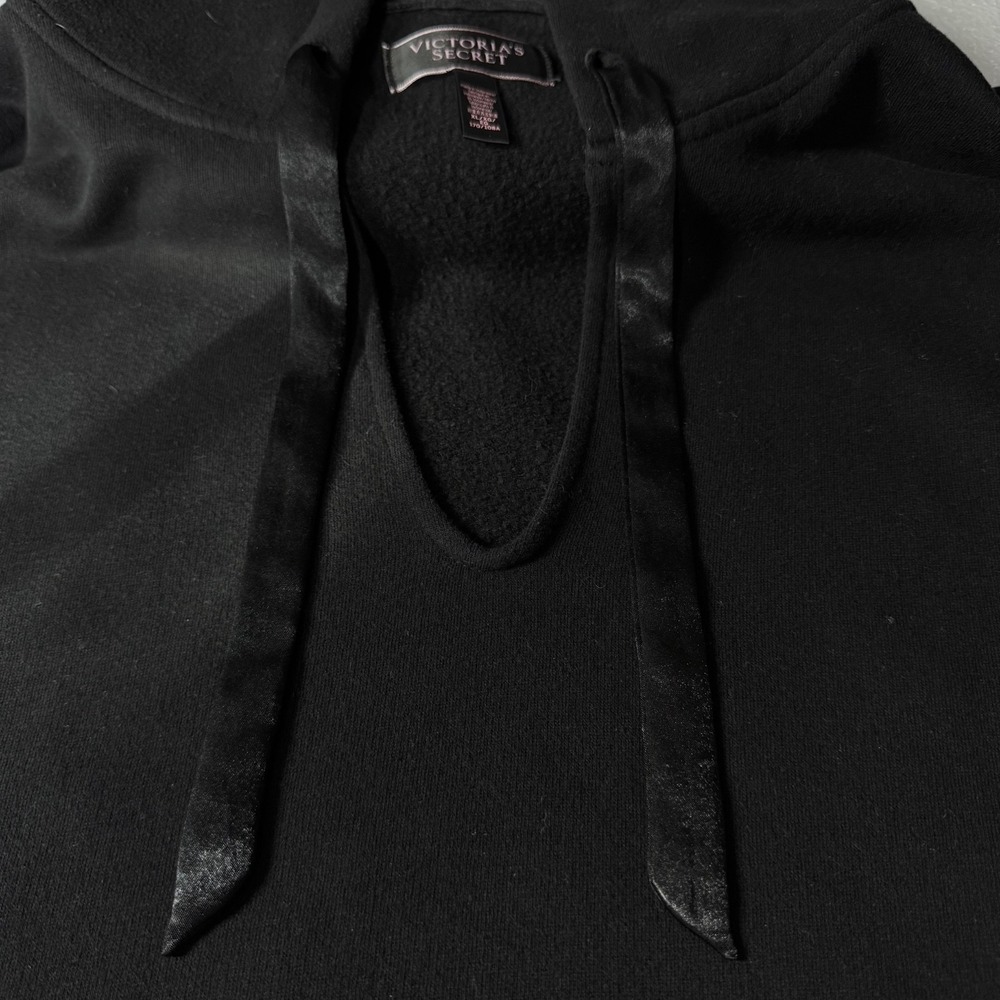 Victorias Secret Womens Black Satin Trim Cropped V-Neck Hoodie Sweatshirt XL - Picture 9 of 13